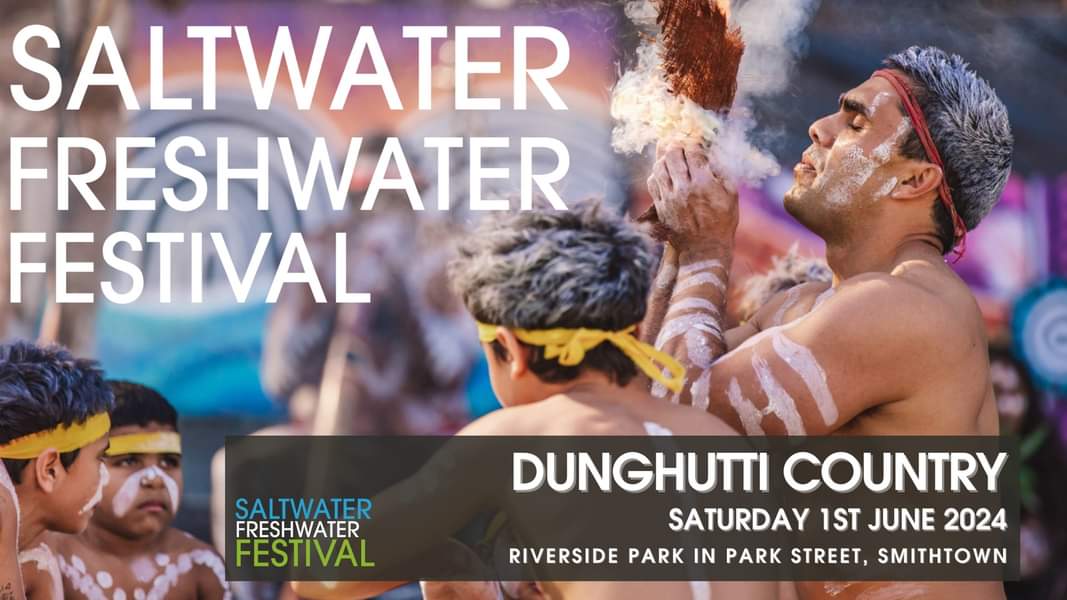 A promo for the 2024 Saltwater Freshwater Festival. The image shows a First Nations man and three First Nations boys wearing white body paint and headbands